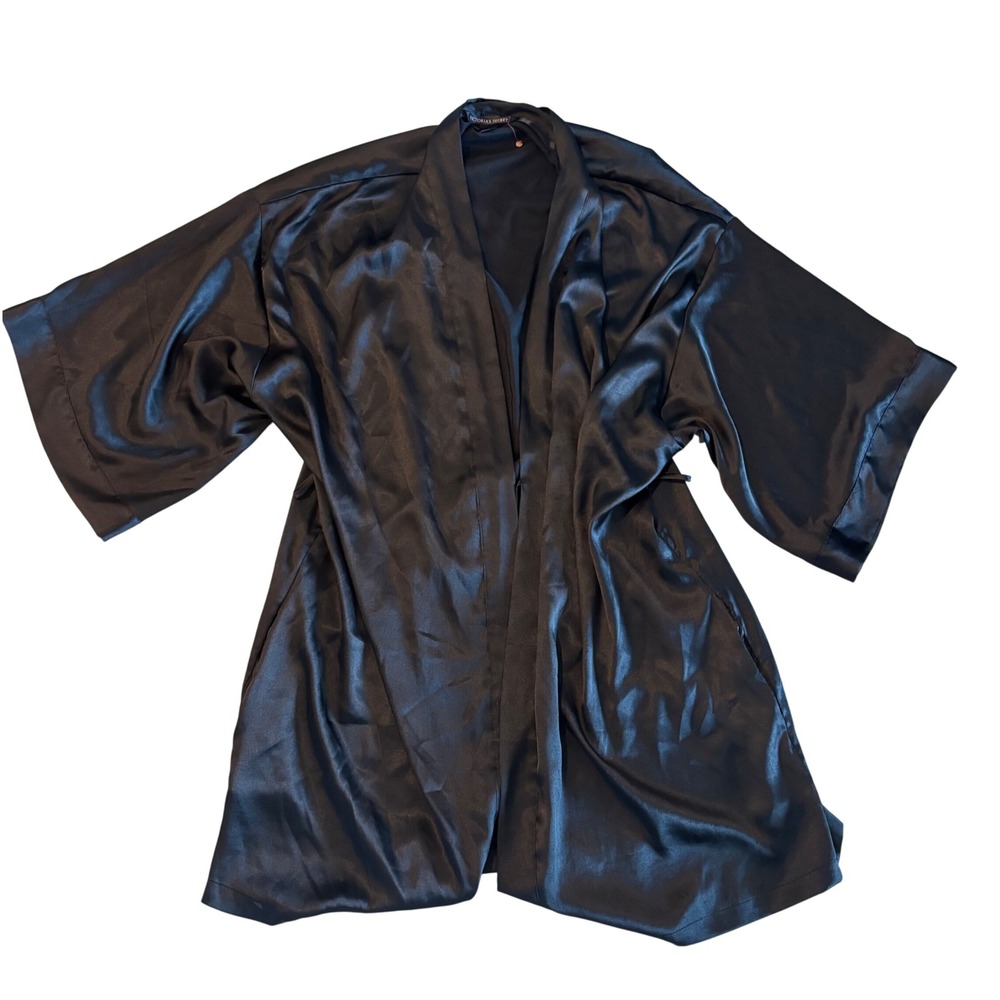 Victorias Secret Womens Black Satin Kimono Robe Short Lingerie ML